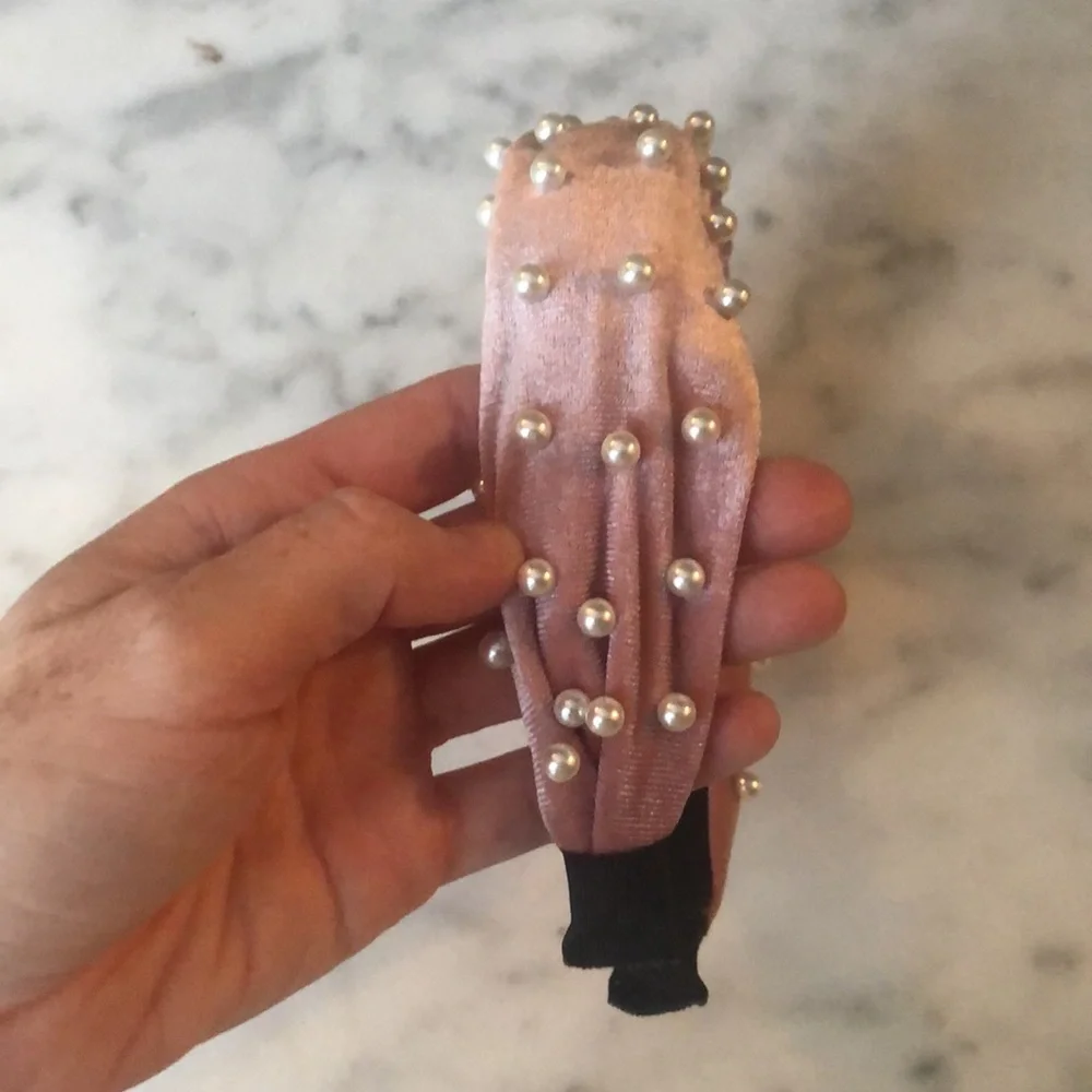 Pink Velvet & Pearl Knot Headband